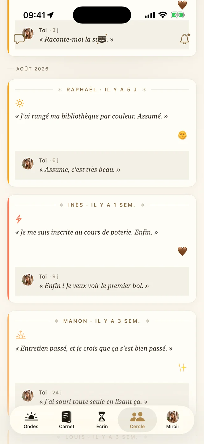 L’onglet Cercle : les proches invités, et les pages qu’ils ont confiées.