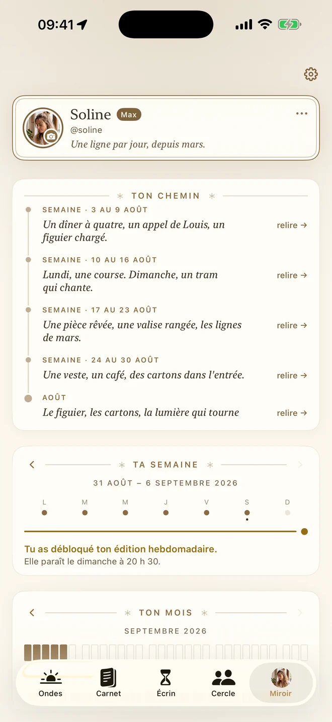 L’onglet Miroir : le chemin des dernières semaines et le mois en cours.