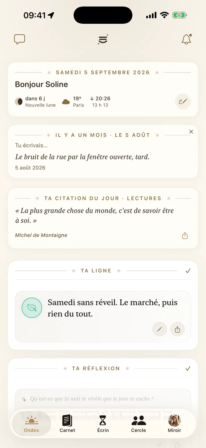 L’onglet Ondes : la date, la lune, le lever du soleil, la citation du jour et la ligne du jour.
